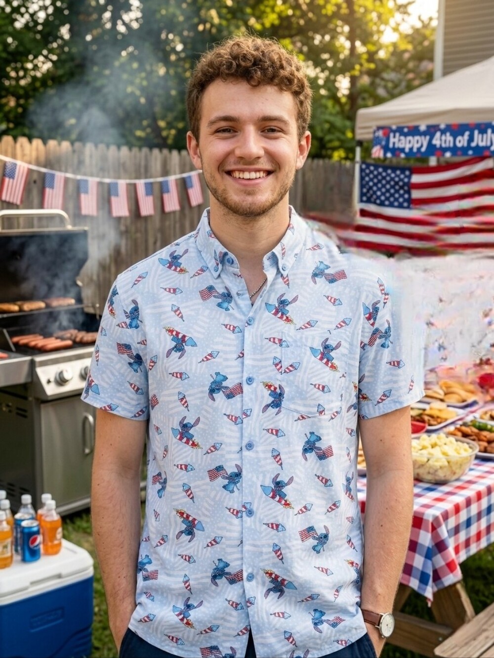 NWT Disney "Patriotic🇺🇲Stitch Button Down Shirt" 4th of July🧨 Small/P2P: 21"